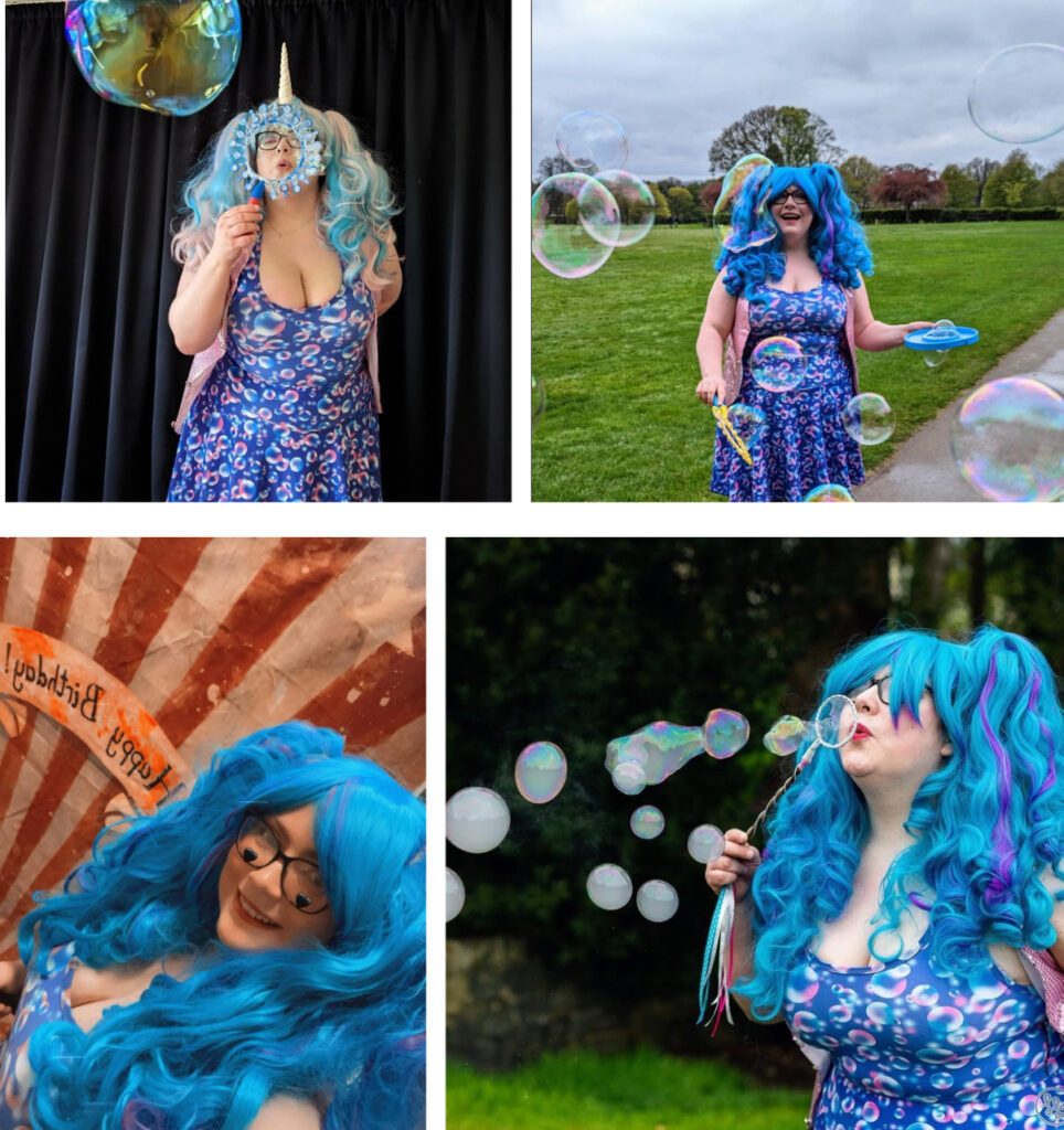 Four images of Bella Bubbles children's entertainer blowing bubbles