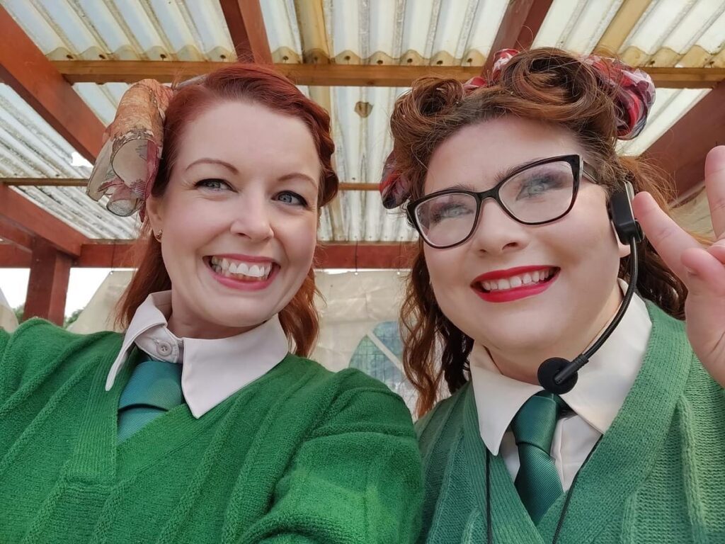 Children's entertainers Kate and Beth dressed in 1940s land girls costumes